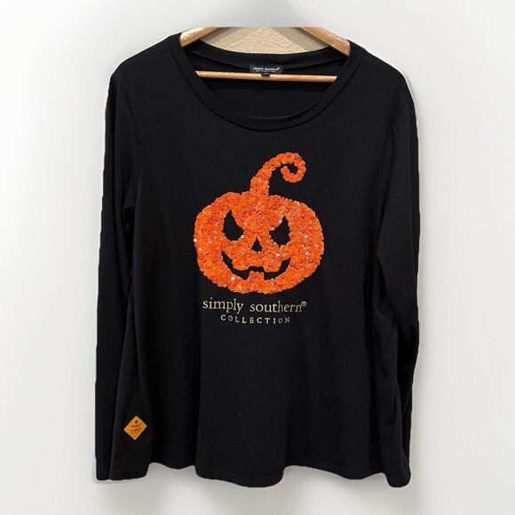 Simply Southern Black Halloween XL Sequin Pumpkin Casual Plaid Back - Picture 1 of 8